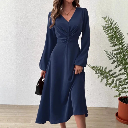 European American Fashion Spring Summer Fashion V-neck Lantern Long-sleeved Skirt Twisted Edge Elegant Mid-length Dress