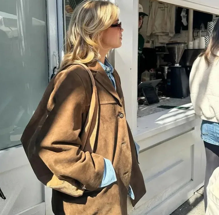 2026 Winter Women Elegant Jacket with Lapel Casual Single Breasted Pocket Long Sleeve Short Coat Street Overcoat Vintage Top