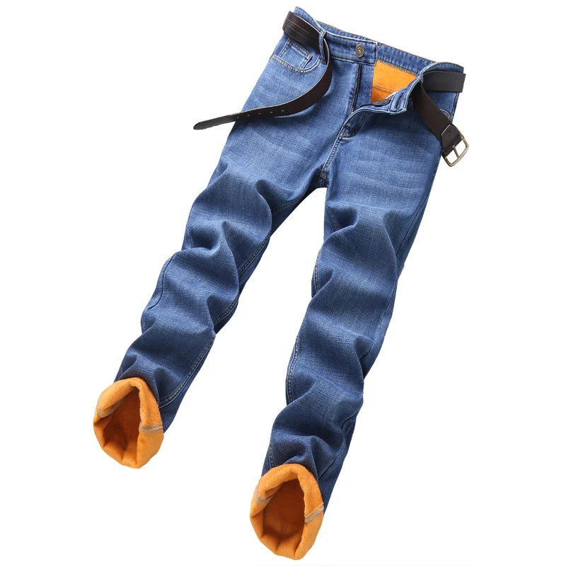 Brand Men Jean Warm Autumn Winter Loose Straight Jeans Male Casual Fleece Lined Thickened Denim Pant Elastic Waist High Trousers