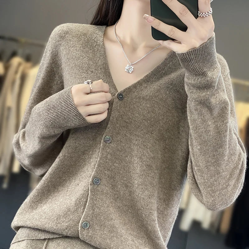 New Fashion Spring Autumn 100% Merino Wool Women's V-neck Cardigan Cashmere Sweater 2024 Female Knitwear Clothing Korean Tops