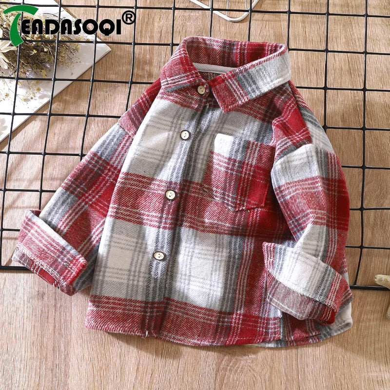 2-9Y Kids Boys Girls Spring Fall Vintage Plaid Shirt Cotton Clothing Long Sleeve Lapel Single Breasted Cardigan Base T-shirt