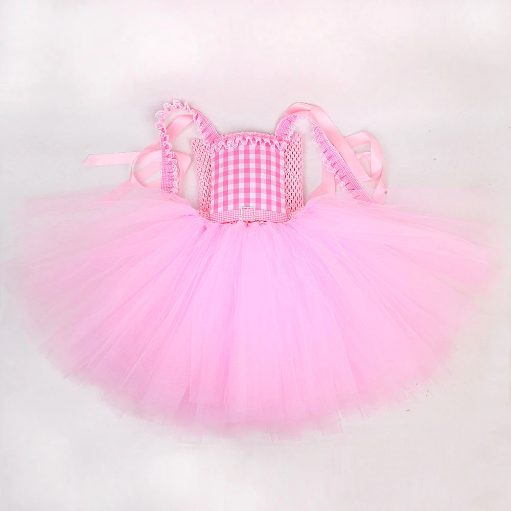 Baby Pink Plaid Barbi Ballet Tutu Dress for Girls Birthday Party Costumes for Kids Christmas New Year Princess Outfit with Bow