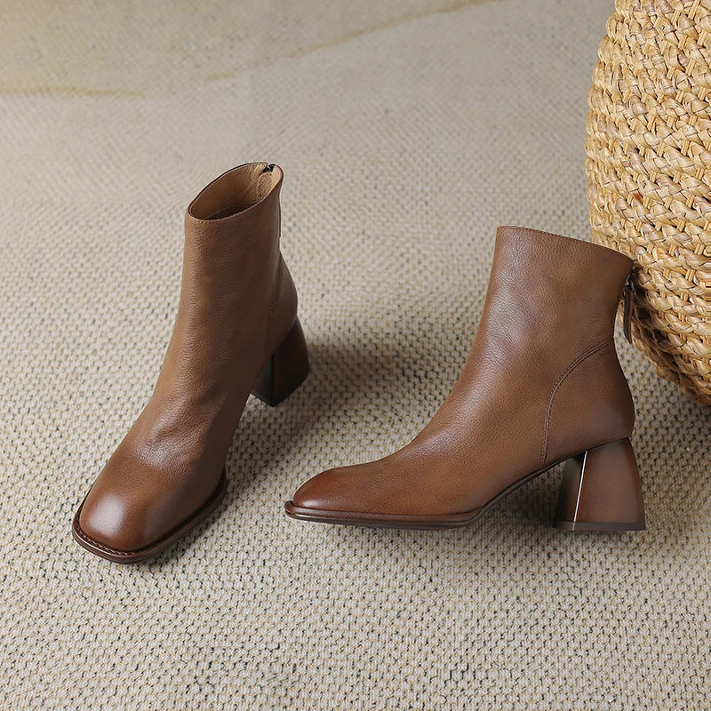 2024 Autumn/winter Women Boots High Heels Square Toe Short Boots Women Shoes Office Lady Gladiator Lady Shoes Genuine Leather