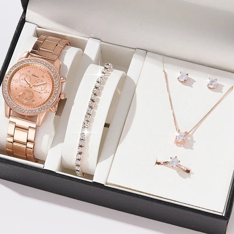 New 6PCS Set Rose Gold Luxury Watch Women Ring Necklace Earring Rhinestone Fashion Wristwatch Casual Ladies Bracelet Watches