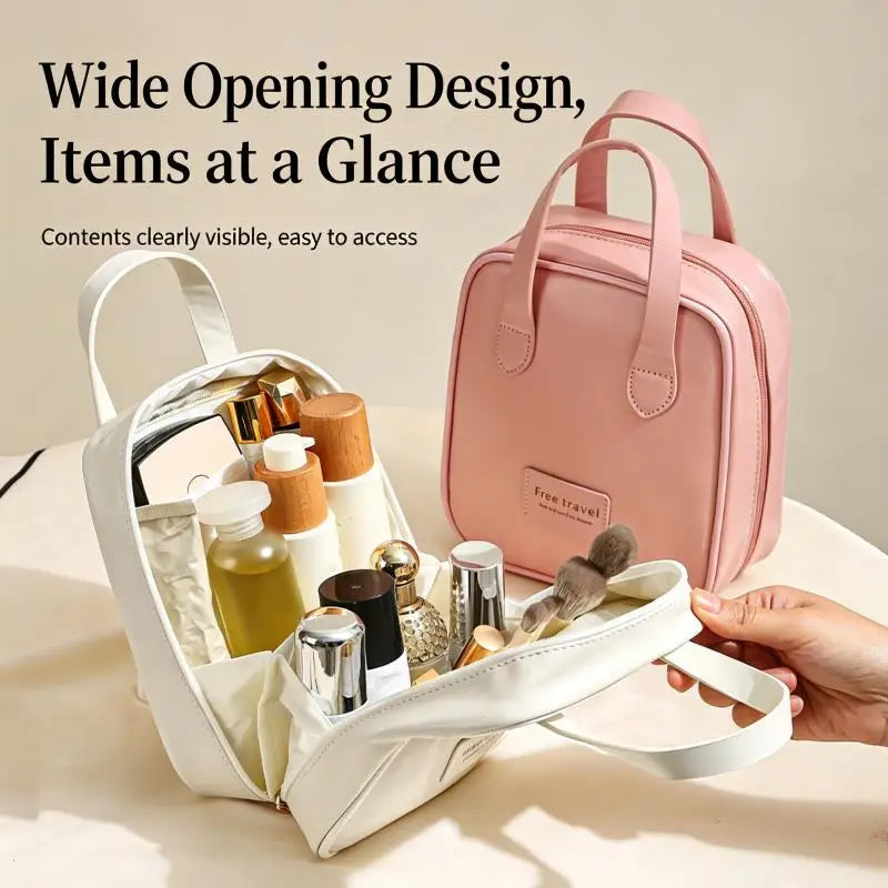 Cream Style PU Makeup Bag Portable Handheld Large Capacity Waterproof Cosmetic Organizer Bag Travel Women Beauty Storage Bag