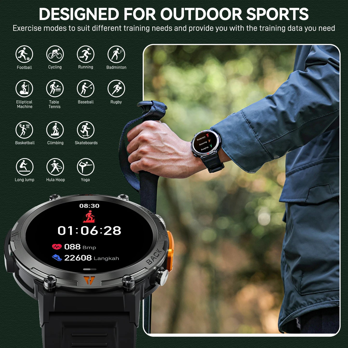 EIGIIS Smart Watch KE3 3ATM Waterproof Sport Genuine Original Design Men Bluetooth Call Health Monitor With Flashlight