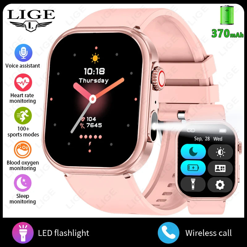 LIGE Women Smart Watch 2.01" IP68 Waterproof Outdoor Sports Tracker LED Flashlight Bluetooth Call Men Smartwatch For Android iOS