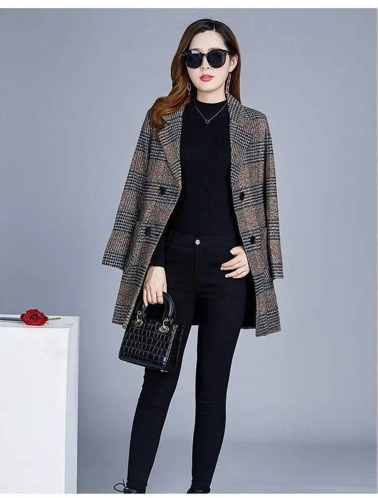 Mother's clothing Plaid Woolen Jacket 5xl Autumn Winter Female Thicken Slim Middle length Outwear Korea Women's Casual Wool Coat