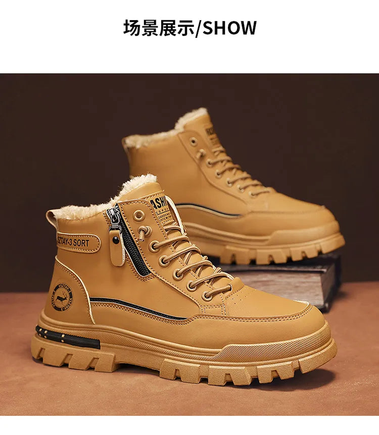 Winter Fleece-Lined Warm High-Top Men's Boots, Korean Style Versatile Men's Boots, Thickened Lightweight Cotton Shoes, Trendy Outdoor Snow Boots