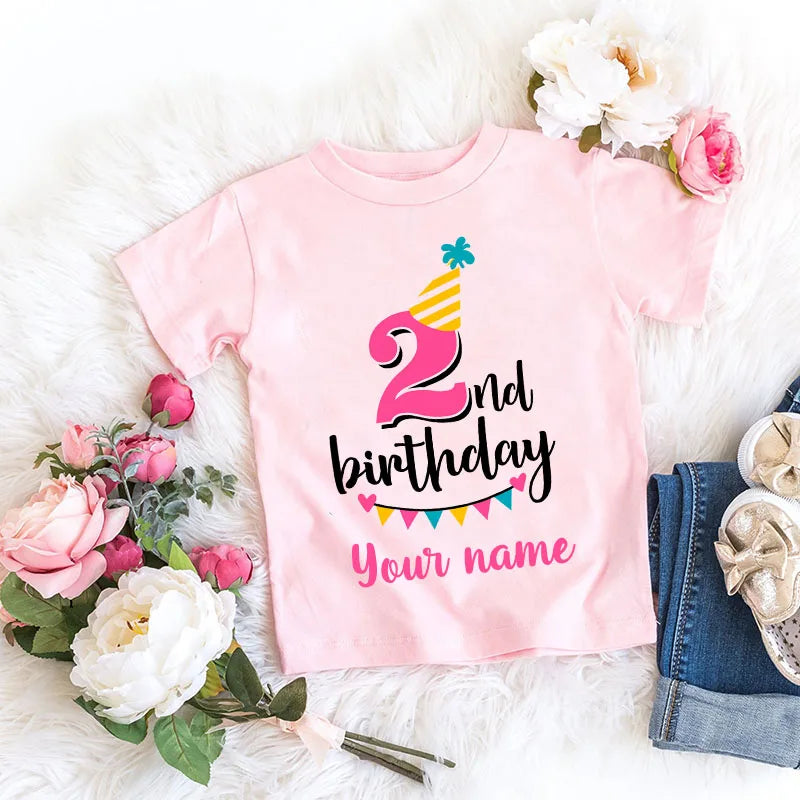 Camiseta personalizada de dibujos animados de cumpleaños para niña, camiseta número 1, 2, 3, 4, 5, 6, 7, 8, ropa gráfica para niños, trajes de fiesta de cumpleaños