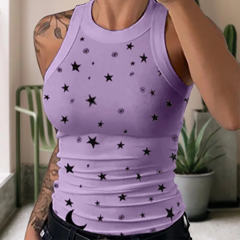 Women's Clothing Tops Tanks Camis Digital Printed Round Neck I-Shaped Vest Sexy Summer Striped Sleeveless Vest for Women Vests