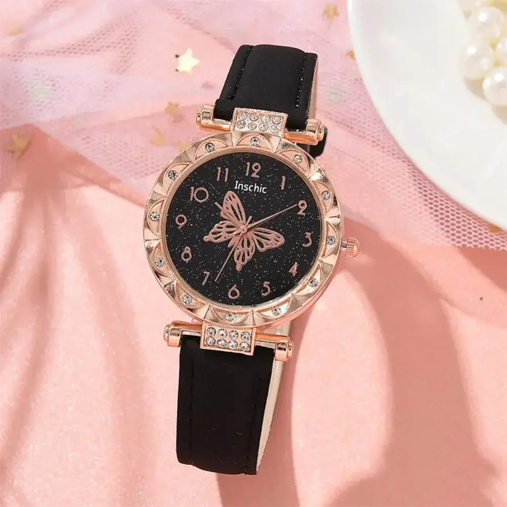 2PCS Set Creative Women Watch Quartz Butterfly Starry Wristwatches Luxury Rhinestone Watches for Ladies Relogios Feminino No Box