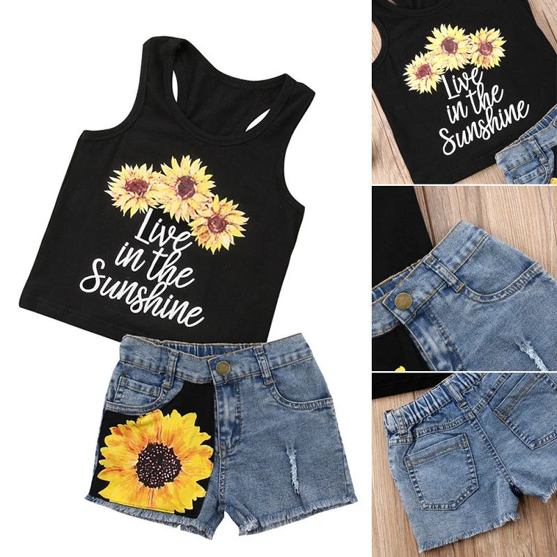 Toddler Girl Clothes Set Sleeveless Sunflower Letter Print Tank Tops with Denim Short Pants Summer Children's Sets