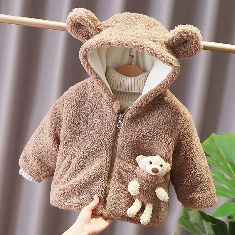 Chaqueta de invierno gruesa y cálida con capucha para niños, abrigos de peluche con oso bonito, ropa para niña pequeña