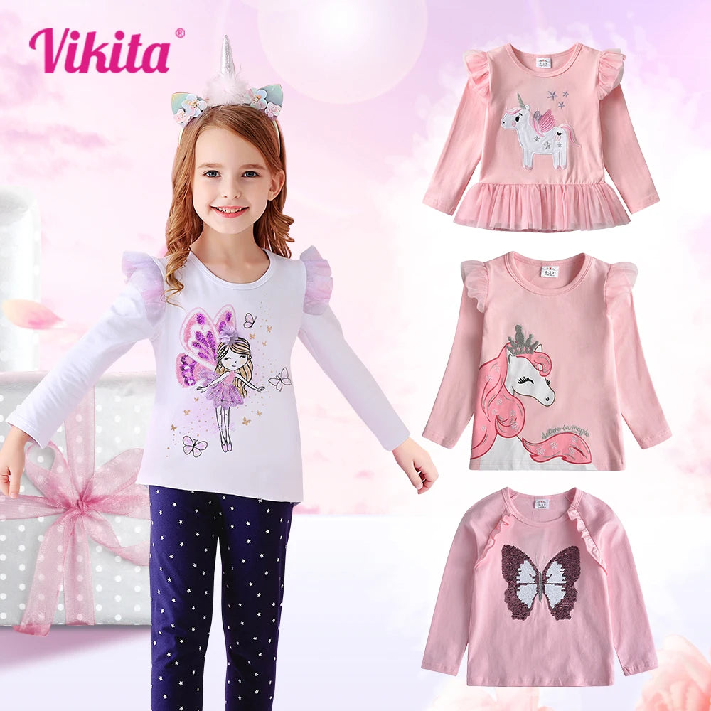 VIKITA Girls T Shirts Spring  Autumn Winter Long Sleeve Toddler Girls Tops for Daily Casual Wearing for 2-8 Years Kids Cute Girl