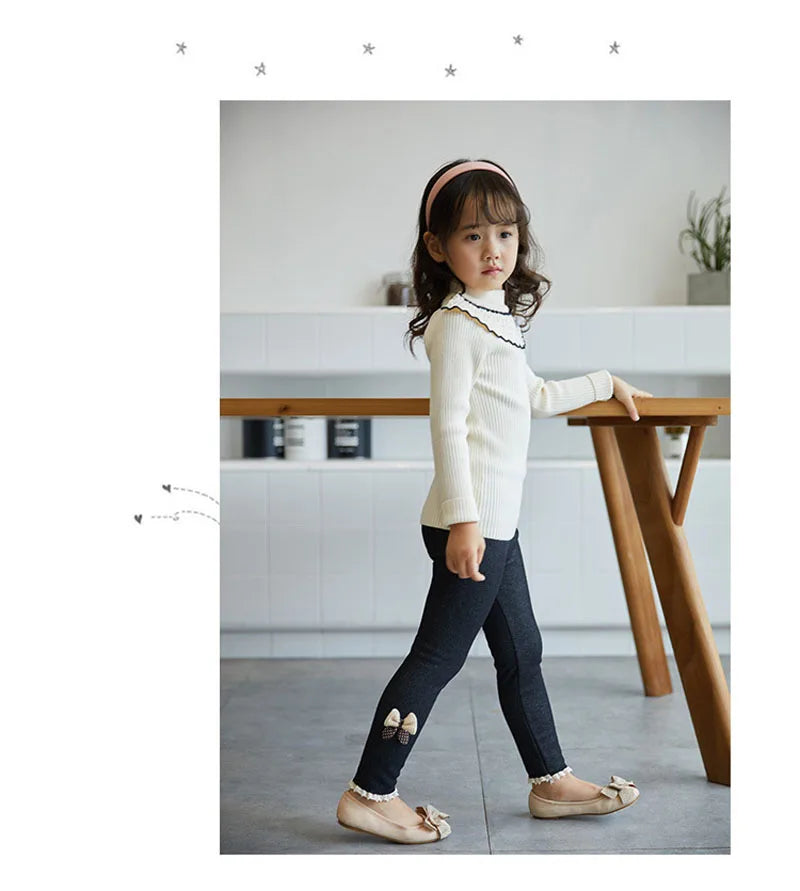 Girls Jean Pants Autumn Winter Warm Children Leggings Thicken Velvet Bowknot Kids Trousers Baby Girl Pants Icing Leggings