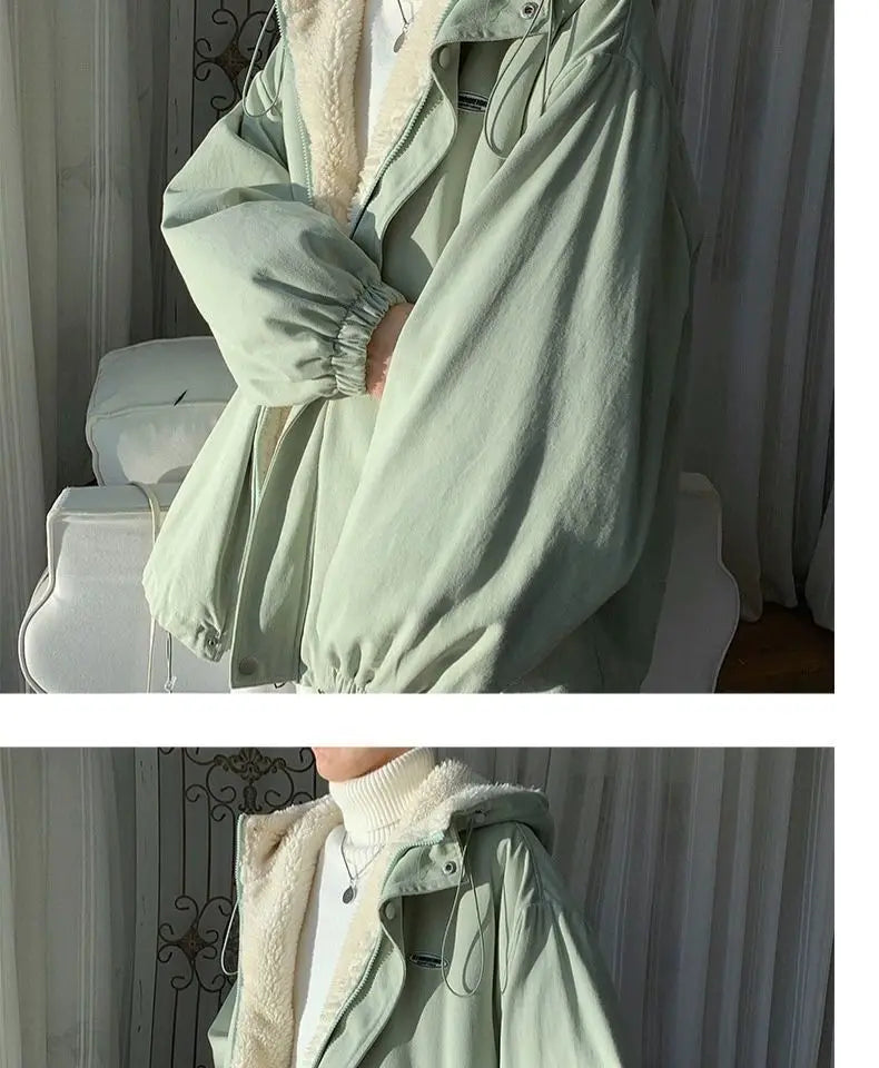 Lamb wool Jacket Women's 2025 Autumn winter New Korean version Loose Workwear Student cotton Jackets Female Hooded Warm Coat
