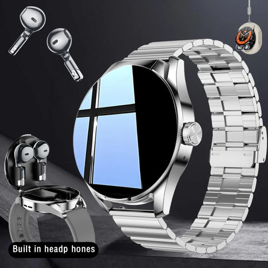 New TWS men's and women's watches, 2-in-1 smart watch, supports wireless calling, stylish round alloy case, intelligent sports f