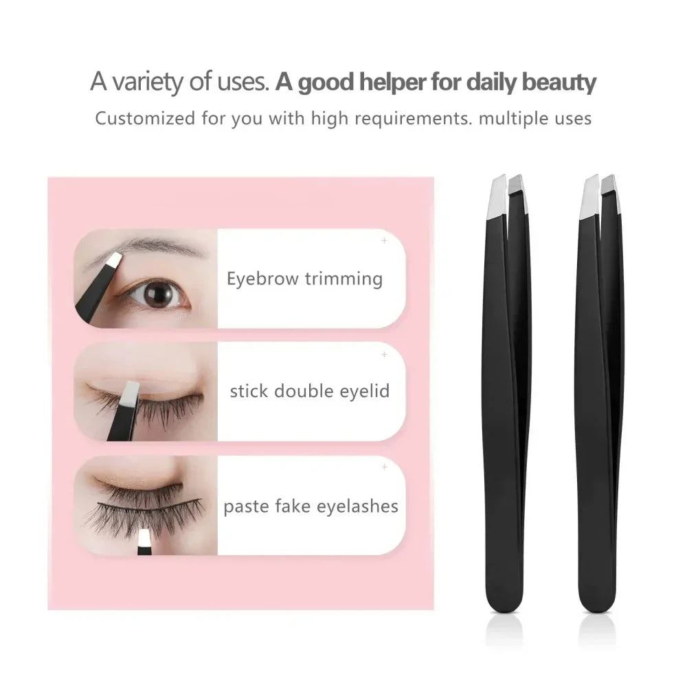 Stainless Steel Eyebrow Tweezers with Trimming Knife Slant Flat Tip Hair Remover Eyebrow Eyelash Beard Double Eyelid Makeup Gift