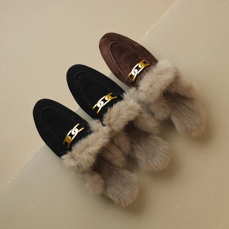 2023 Winter Sheep Suede Women Shoes Rabbit Hair Mules Shoes for Women Round Toe Low Heel Slippers Chunky Heel Cover Toe Slippers