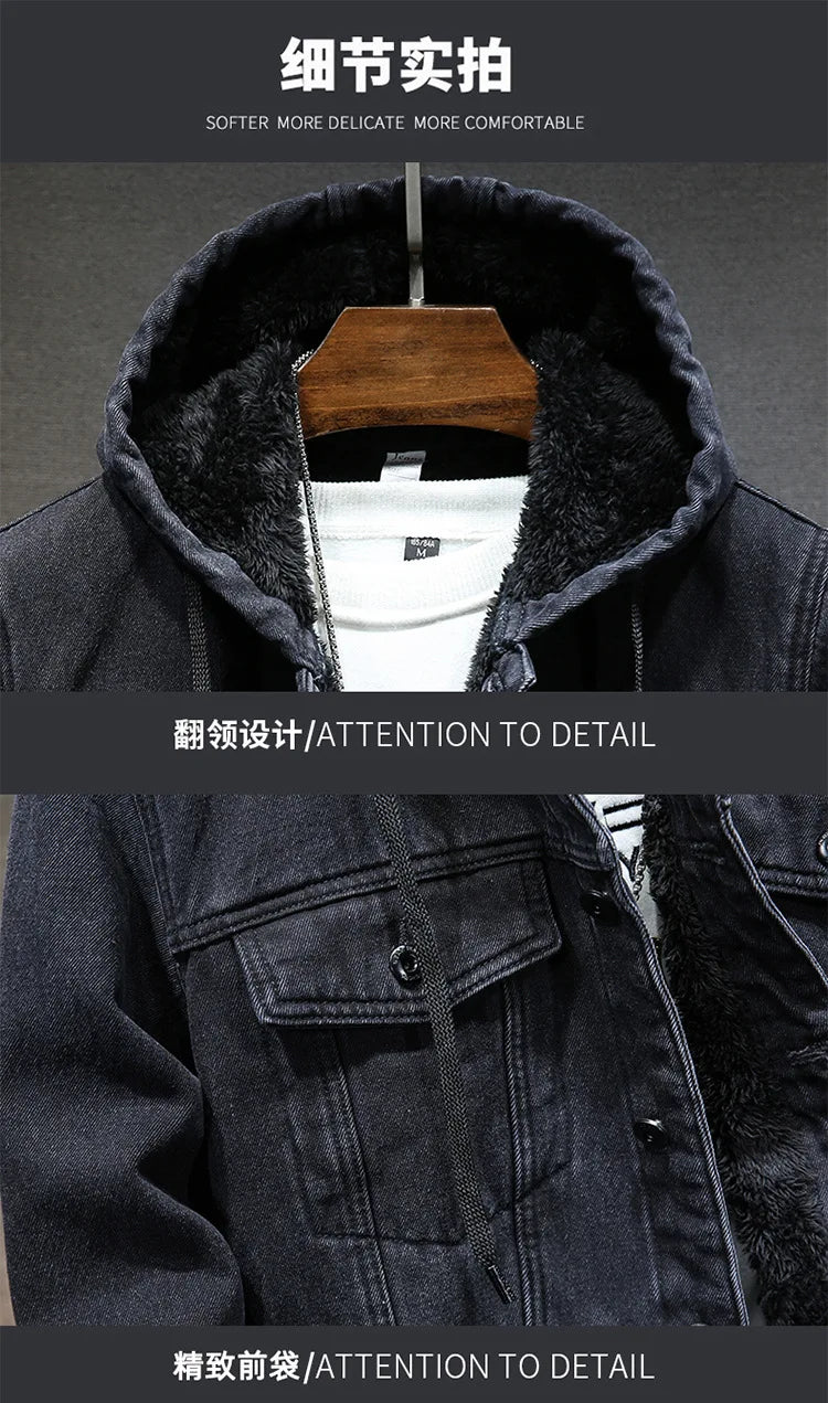 Thicker Winter Jacket Men Warmer Hooded Denim Lambswool Hooded and Padded Denim Jacket Imitation Lamb Wool Fleece Mens Clothes
