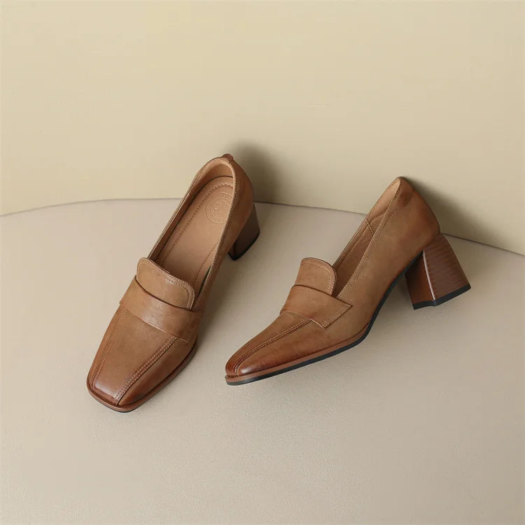 2024 Spring New GENUINE LEATHER Women Shoes LEISURE Women Slip-On Shallow Pumps Square Toe Heels Shoes Women Zapatos De Mujer