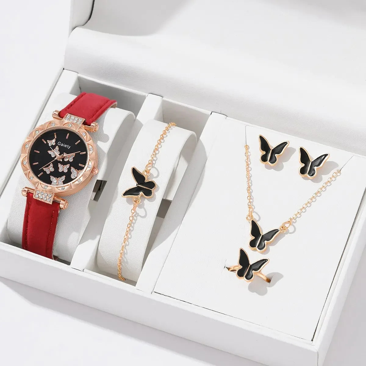 6pcs Luxury Watch for Women Ring Necklace Earrings Bracelet Set Watches Butterfly Leather Strap Ladies Quartz Wristwatch No Box