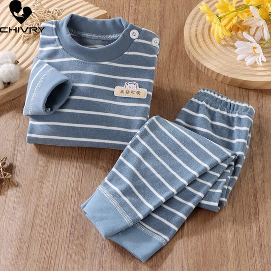 Kids Boys Girls Pajama Sets Striped Long Sleeve O-Neck T-Shirt with Pants Toddler Autumn Warm Sleepwear Clothing Sets