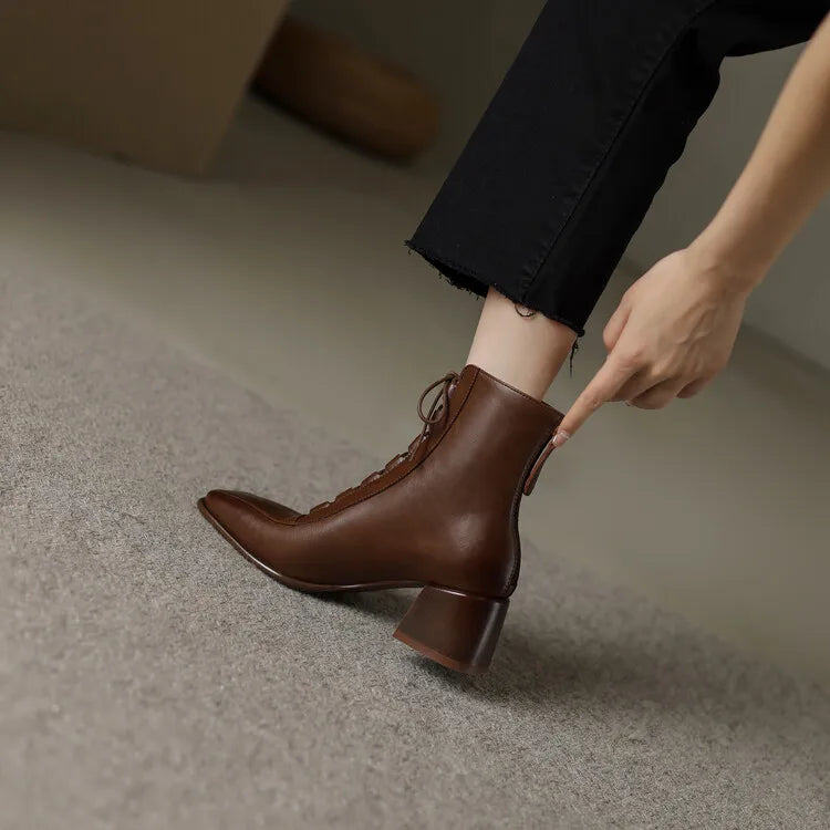 2022 Autumn Women Boots Square Toe Back Zipper Women Shoes Chunky Heels Shoes for Women High Heel Boots Vintage Leather Shoes