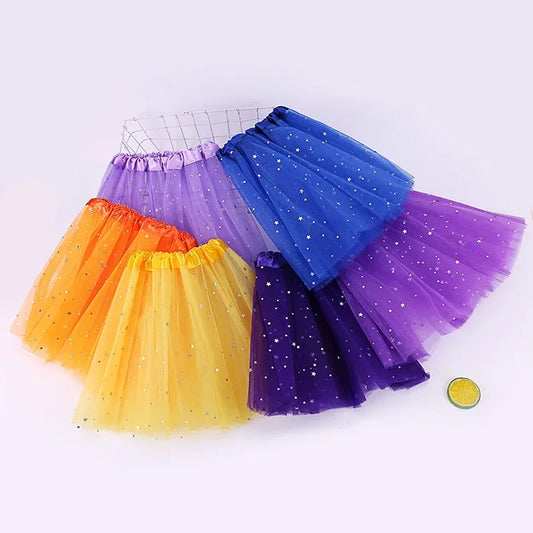 Summer Kids Baby Star Glitter Dance Tutu Skirt For Girl Sequin 3 Layers Tulle Toddler Lace Pettiskirt Children Chiffon 2-8T