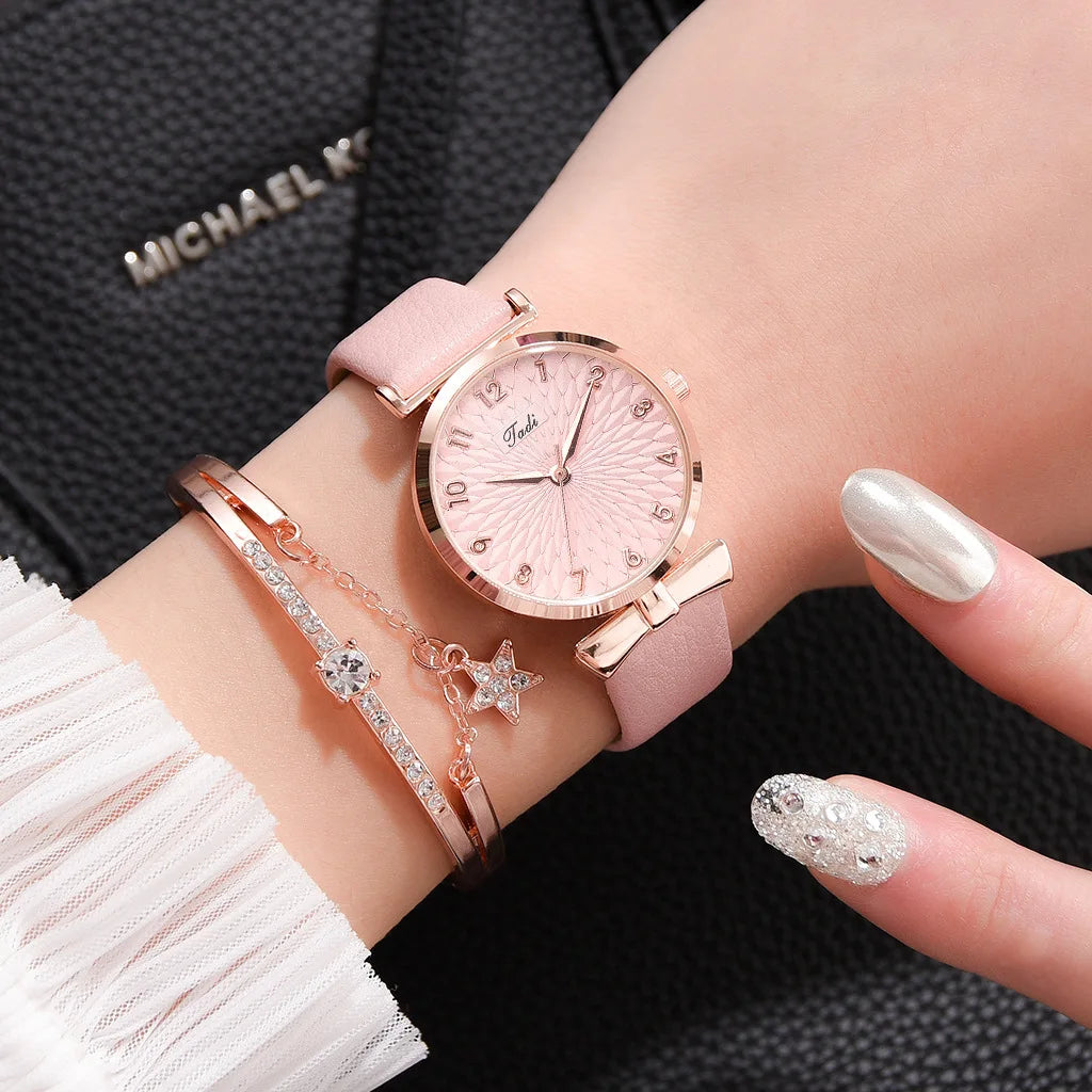 Fashion Women Watches Luxury Leather Buckle Flower Rhinestone Watch Ladies Quartz Wrist Watch Bracelet Set Reloj Mujer