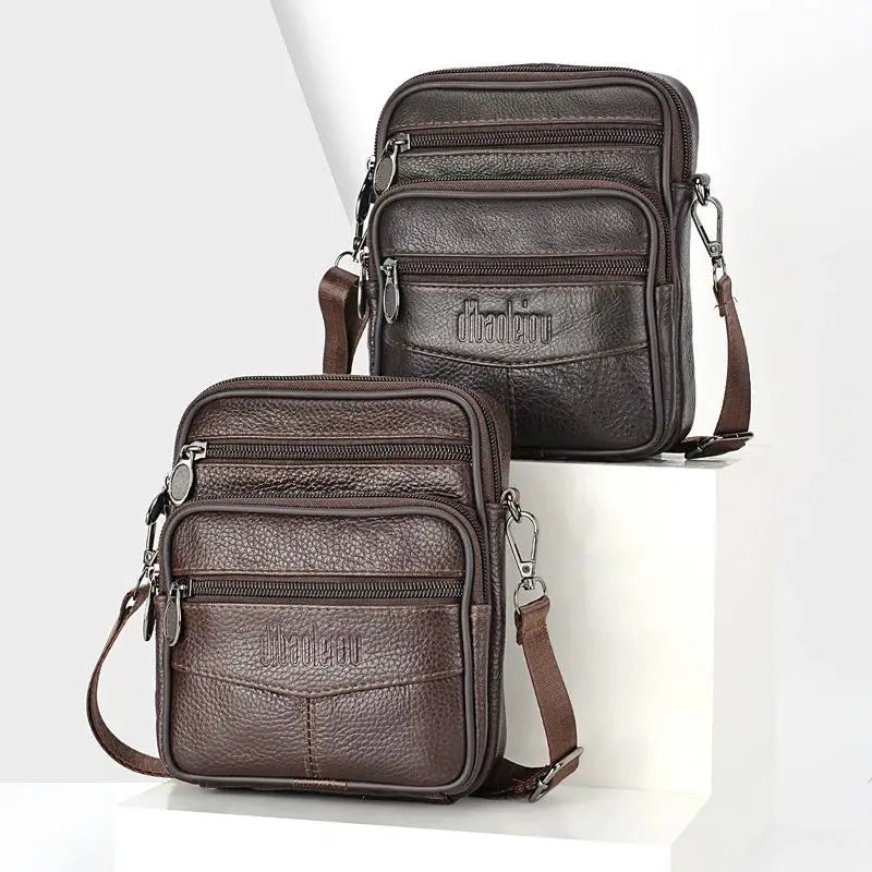 Men’s Genuine Leather Crossbody Bag,Double Zipper Small Shoulder Bag,Compact Multi-Pocket Sling Bag for Everyday Carry