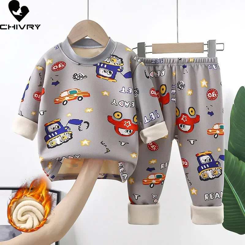 New Autumn Winter Kids Thicken Warm Pajamas Baby Boys Girls Cartoon Long Sleeve Pyjamas Toddler Sleepwear Clothing Sets