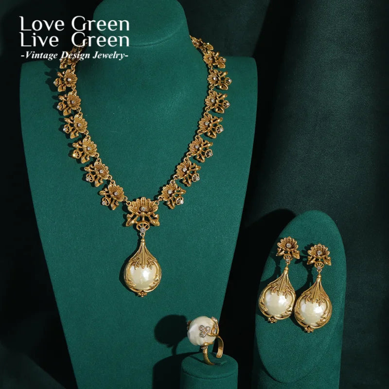 Baroque Style Freshwater Pearls Necklace Jewelry Sets For Women Gold Color Wedding Ring Set Bridal Nightwear Pendant 2025 Trend