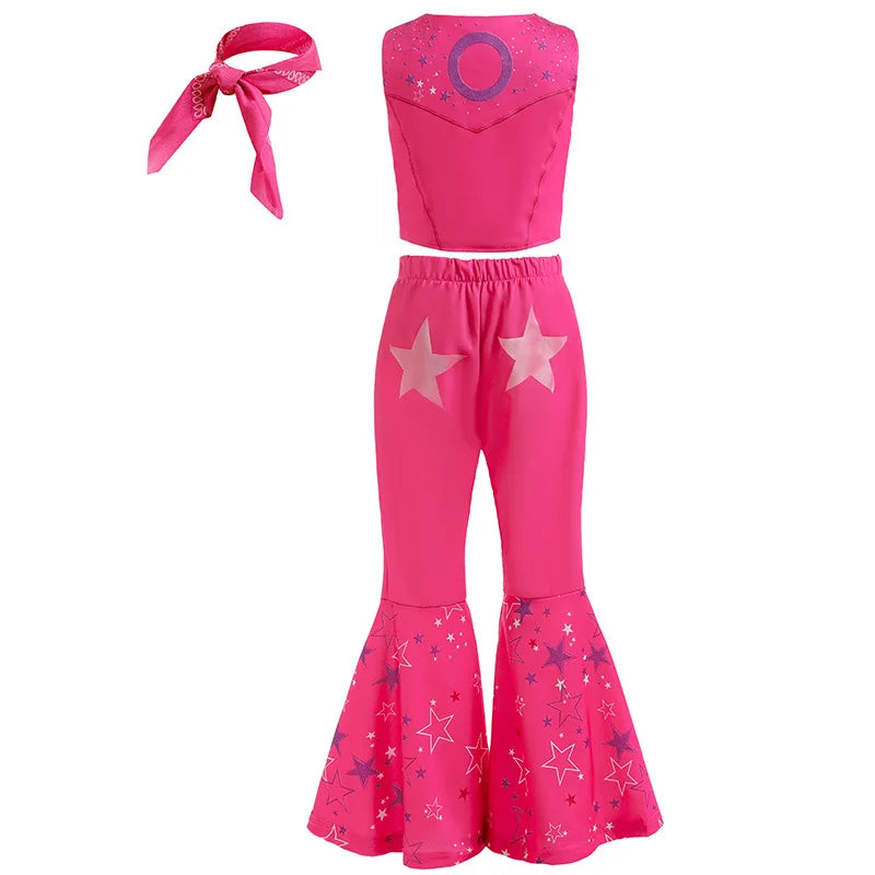 Toddler Girls Cowboy Pink Vest Pants Scarf 3 Pcs Clothing Set Margot Movie Role Play Costume Barbi Cowgirl Youth Outfit Cosplay