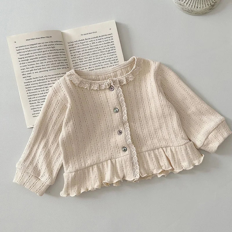 New Spring Korean Style Infant Baby Girls Cardigan Long Sleeved Cotton Solid Color Lace Splicing Newborn Baby Girls Coat