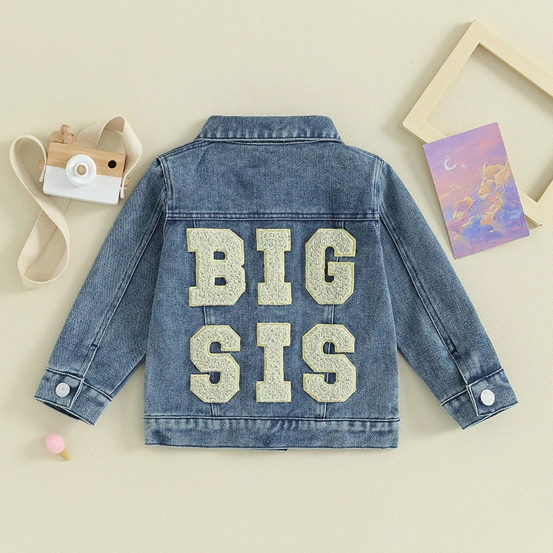 Chaqueta de bebé para niña, conjunto a juego de Lil Sis grande, bordado de letras, Jean, cárdigan de manga larga, abrigo vaquero con botones