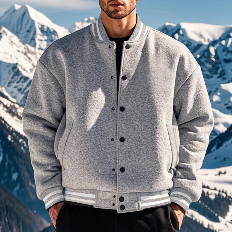Men's baseball jacket autumn and winter fleece American solid color loose casual stand-up collar single-breasted flight jacket