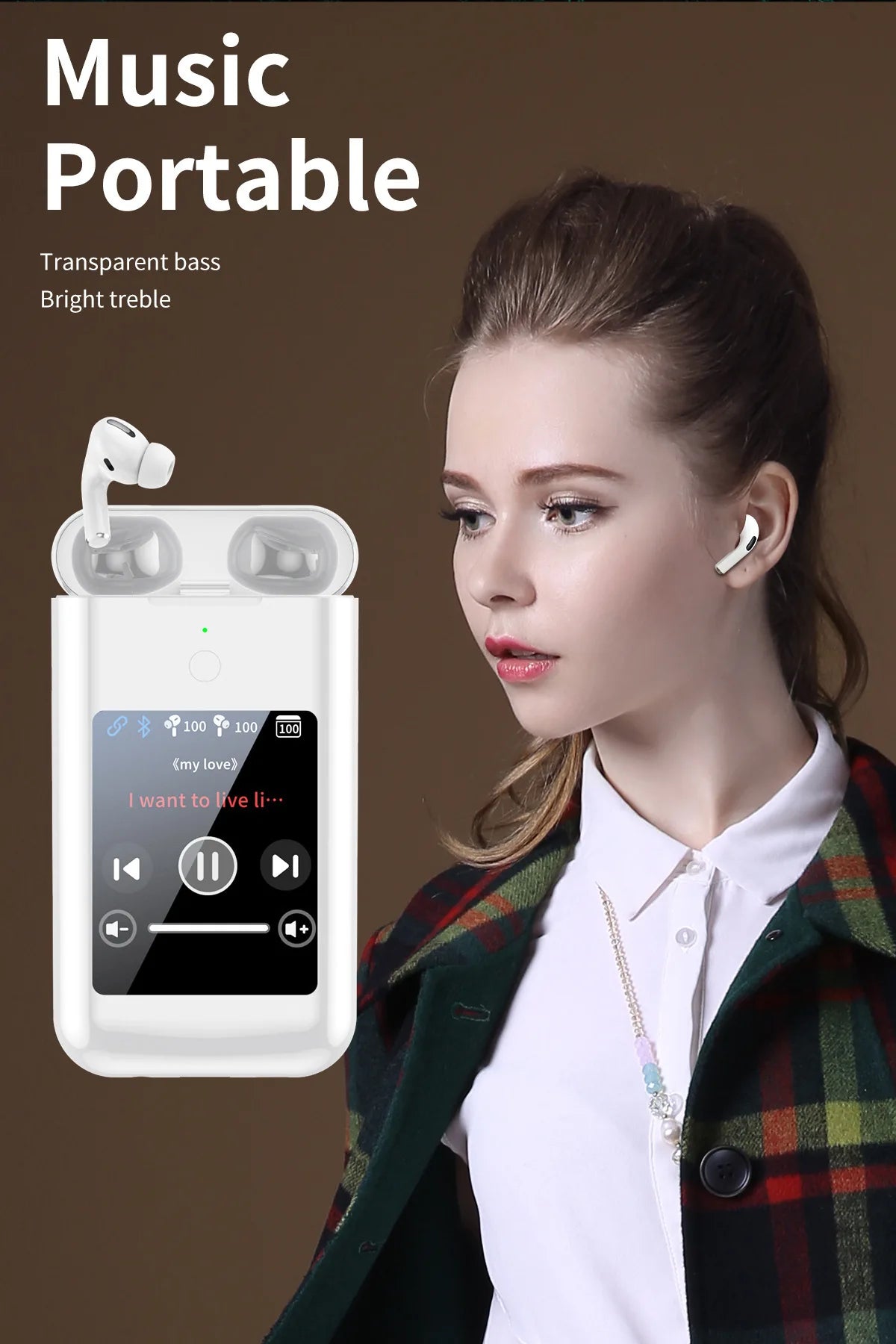 Wireless Bluetooth 5.2 Earphones 2.8-inch Multimedia Smart Touch Screen ANC Earbuds Flashlight 5000mah Power Bank Hiking Headset
