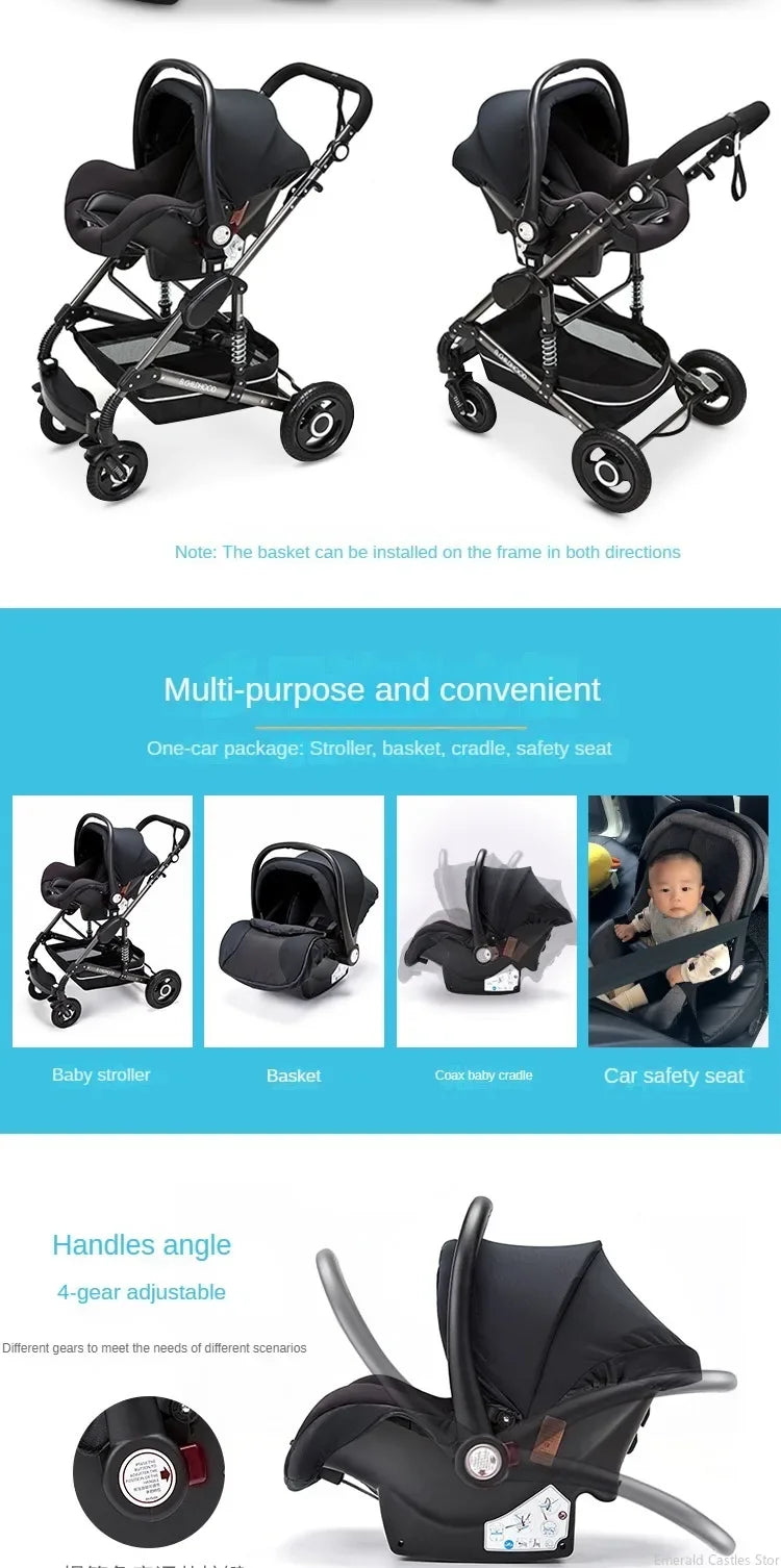 Baby stroller 3in1 with car seat with ISOFIX base, luxury high landscape baby carriage aluminum alloy frame travel stroller
