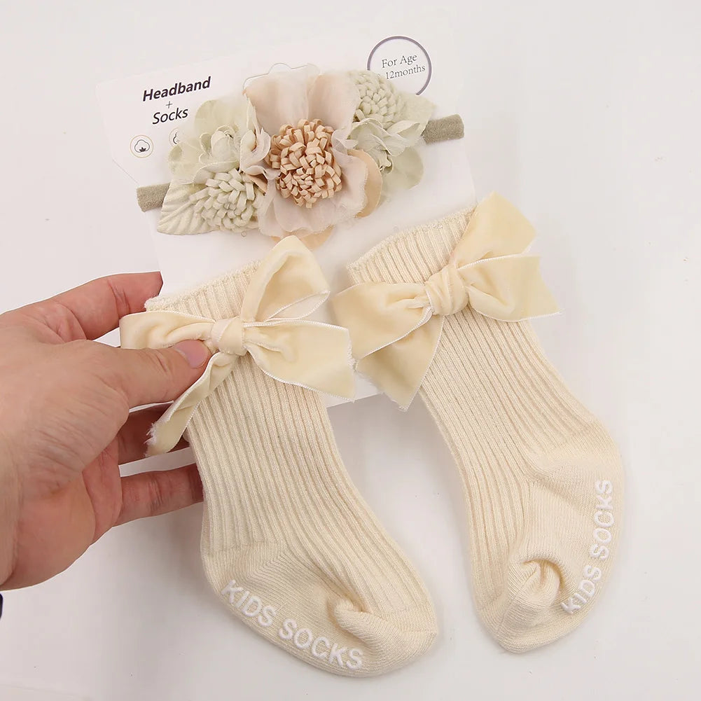 3Pcs/Set Ins Cream Color Latte Artificial Flower Headbands & Ribbed Short Socks Anti-Slip Cotton 0-12M Sockfor Infant Baby