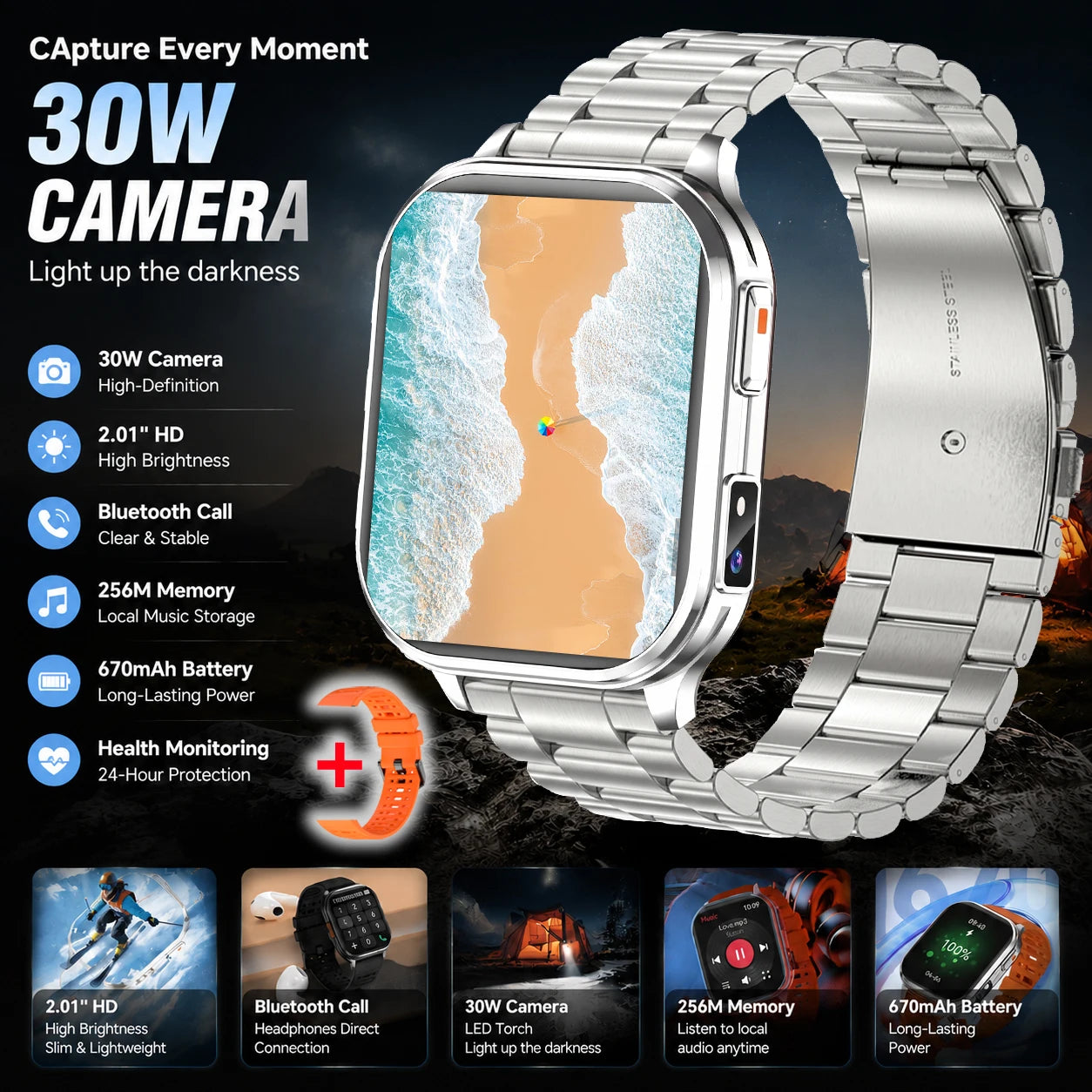Outdoor Smart Sports Watches 2.01" 30W Camera Take Photo Video Recording Music BT Call Health Sports Mode Waterproof Smart Watch