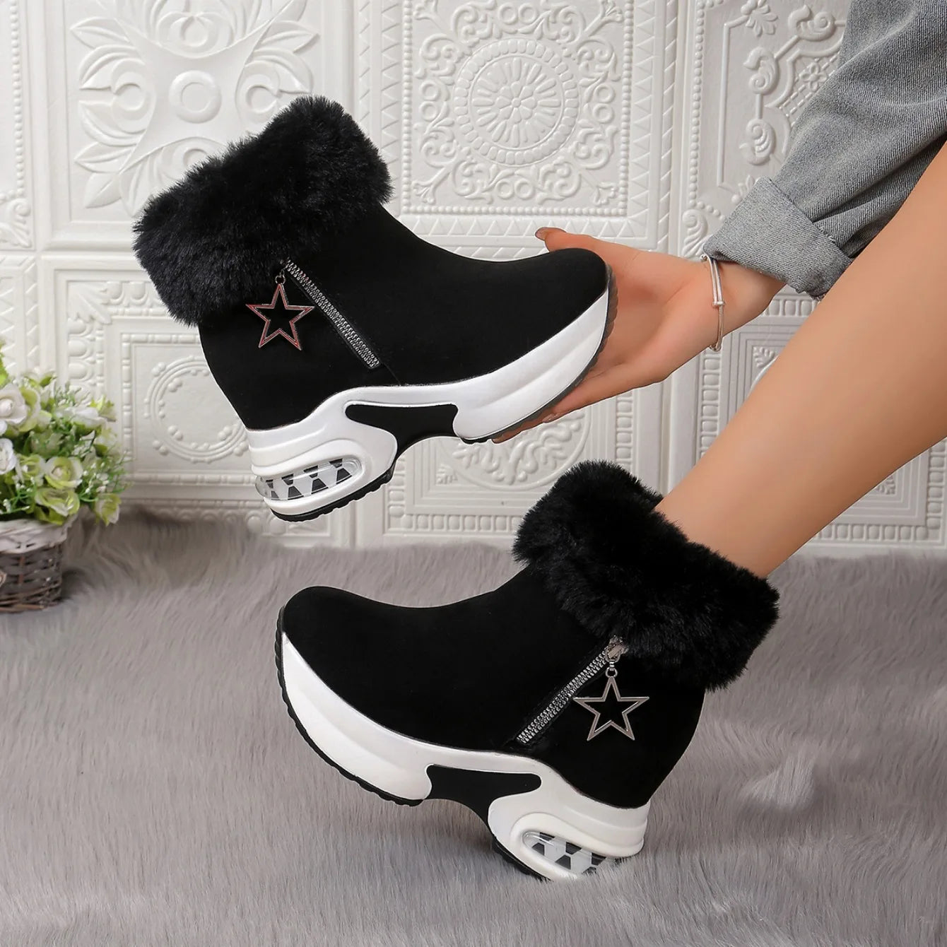 Women Boots Winter 2024 New Casual High Heels Warm Boots Thickened Fluff Wedge Shoes Fashion Outdoor Platform Snow Boots Women
