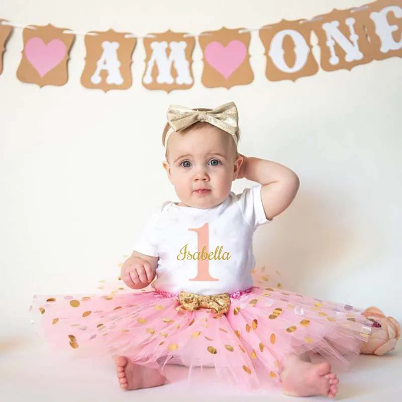 Traje personalizado para niña de 1er cumpleaños, pelele para 1er cumpleaños para niña + falda tutú, conjunto de vestido con tutú para bebé con nombre personalizado