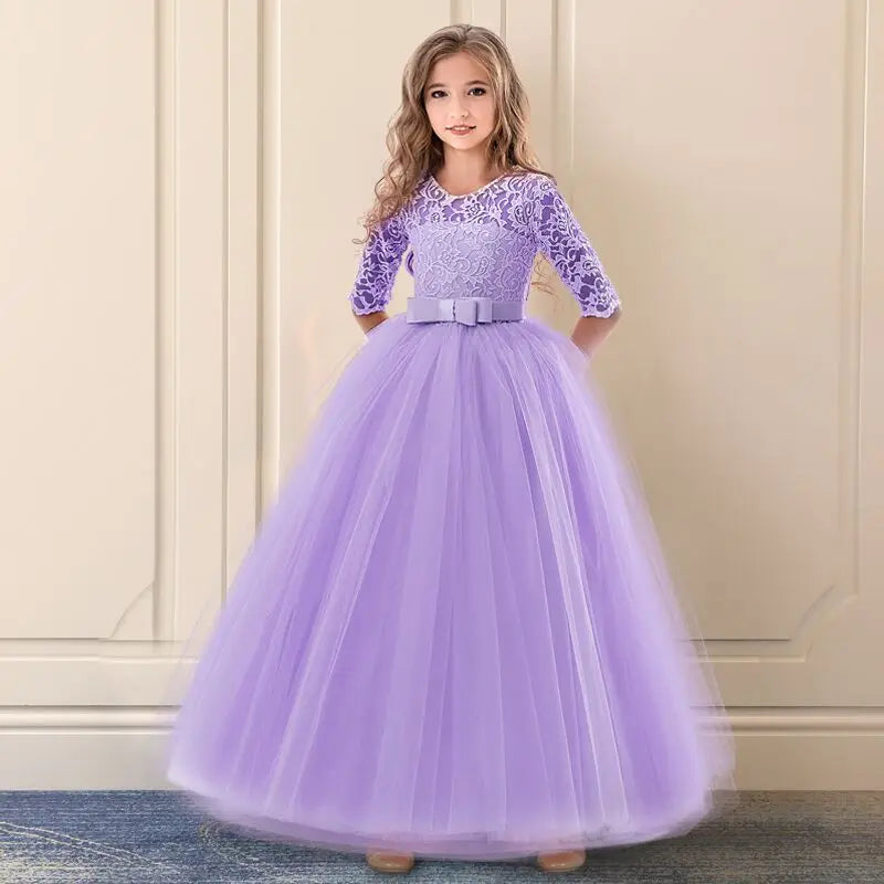 Elegant Princess Lace Dress Kids Flower Embroidery Dresses For Girls Vintage Children Dresses for Christmas Party Red Ball Gown