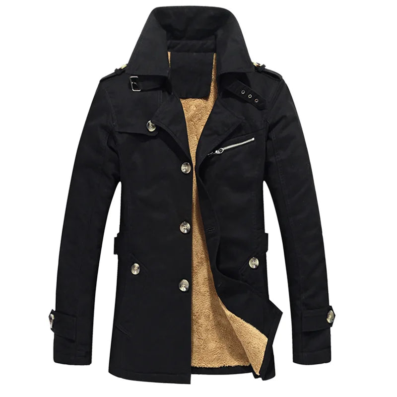 Men's Long-Sleeve Fleece-Lined Jacket, New Winter Style Collared Warm Coat, Available in Black, Blue, Khaki, and Army Green.