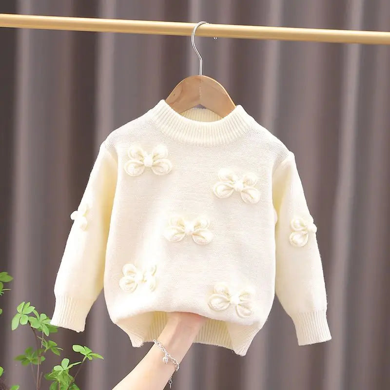 Suéter para niños, otoño e invierno, nuevo suéter de cuello redondo para niña, prendas de punto con lazo a la moda, prendas de vestir para bebé, Top