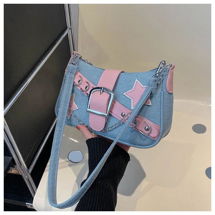 Y2k Hot Girls Denim Shoulder Bags Retro Rivet Star Women's Underarm Bag Portable Female Chain Armpit Bag Small Purse Handbags