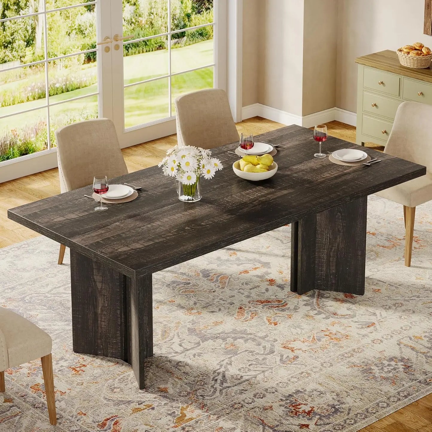 Farmhouse Dining Table for 4 to 6 People, 63-inch Rectangle Wooden Kitchen Table with Large Tabletop and Heavy Duty, Customized