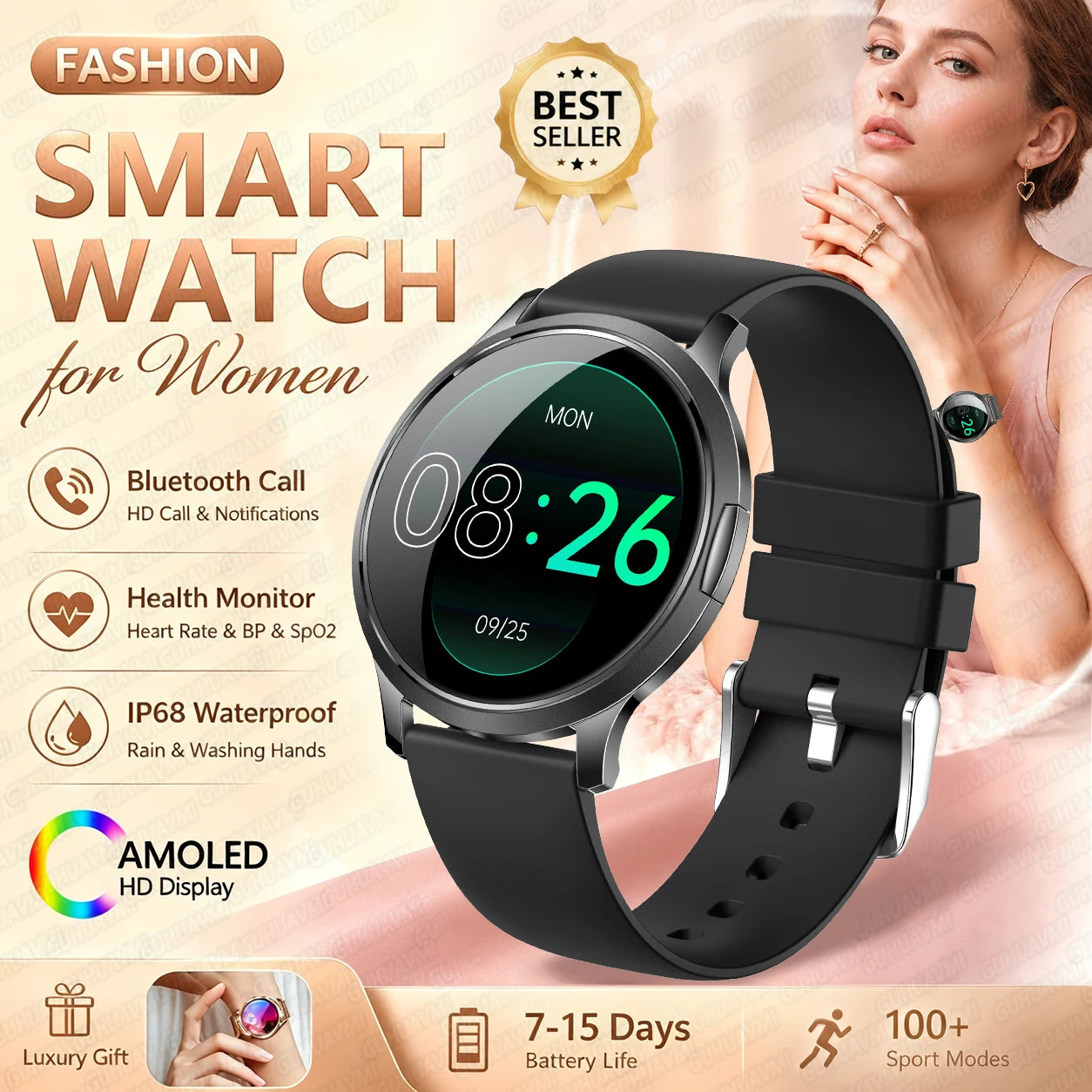 2026New Smart Watch 1.32”AMOLED Ultra-thin Display 100+Sports modes Blood Pressure Waterproof Bluetooth call Bracelet Women Gift